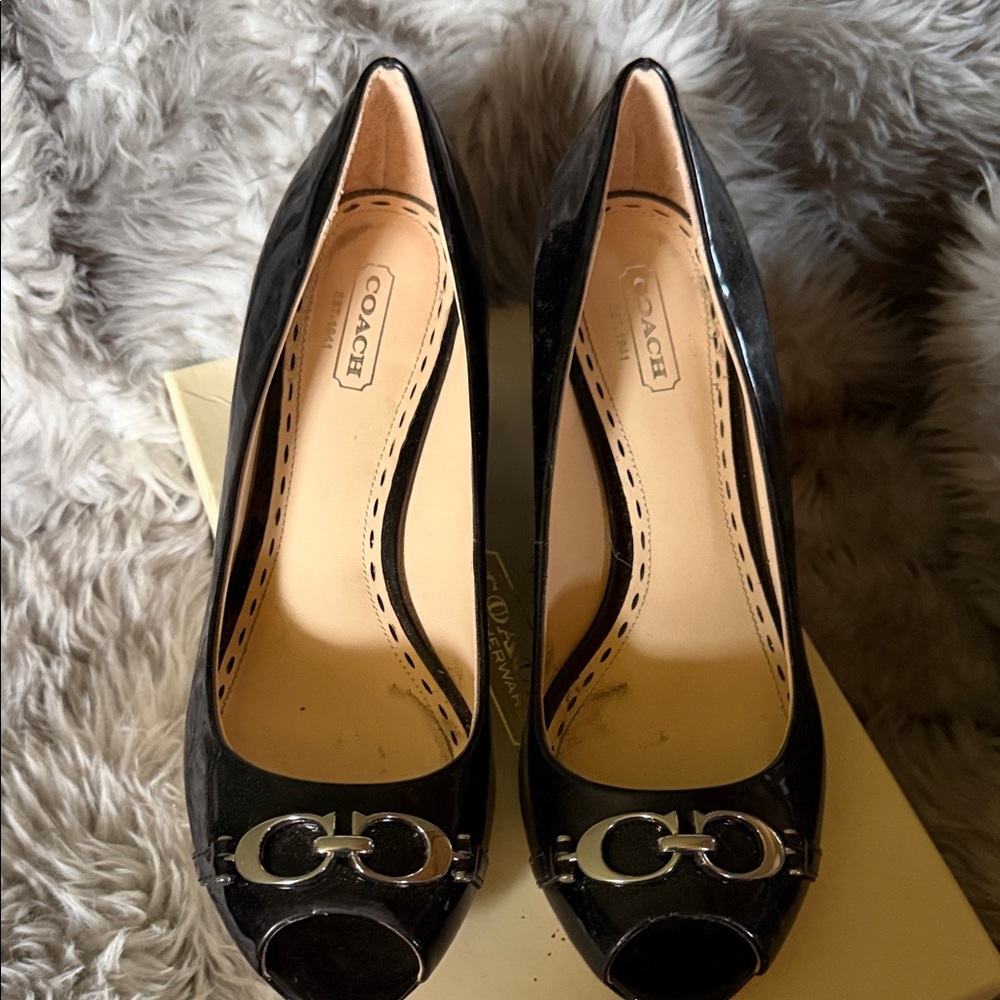 Coach Glossy Black Peep-Toe Heels